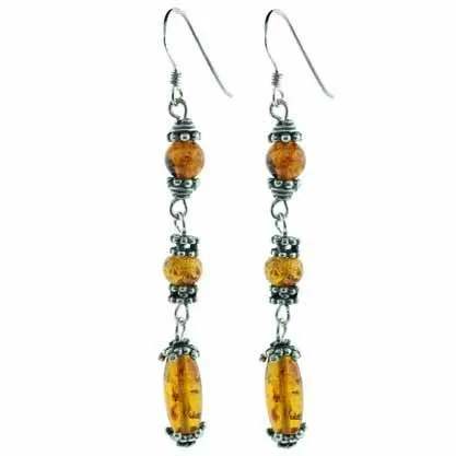 Sterling Silver Amber & Bali Bead Dangle Earrings - Grocery