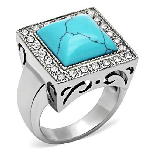 TK323 - High polished (no plating) Stainless Steel Ring with Synthetic Turquoise in Sea Blue - Grocery