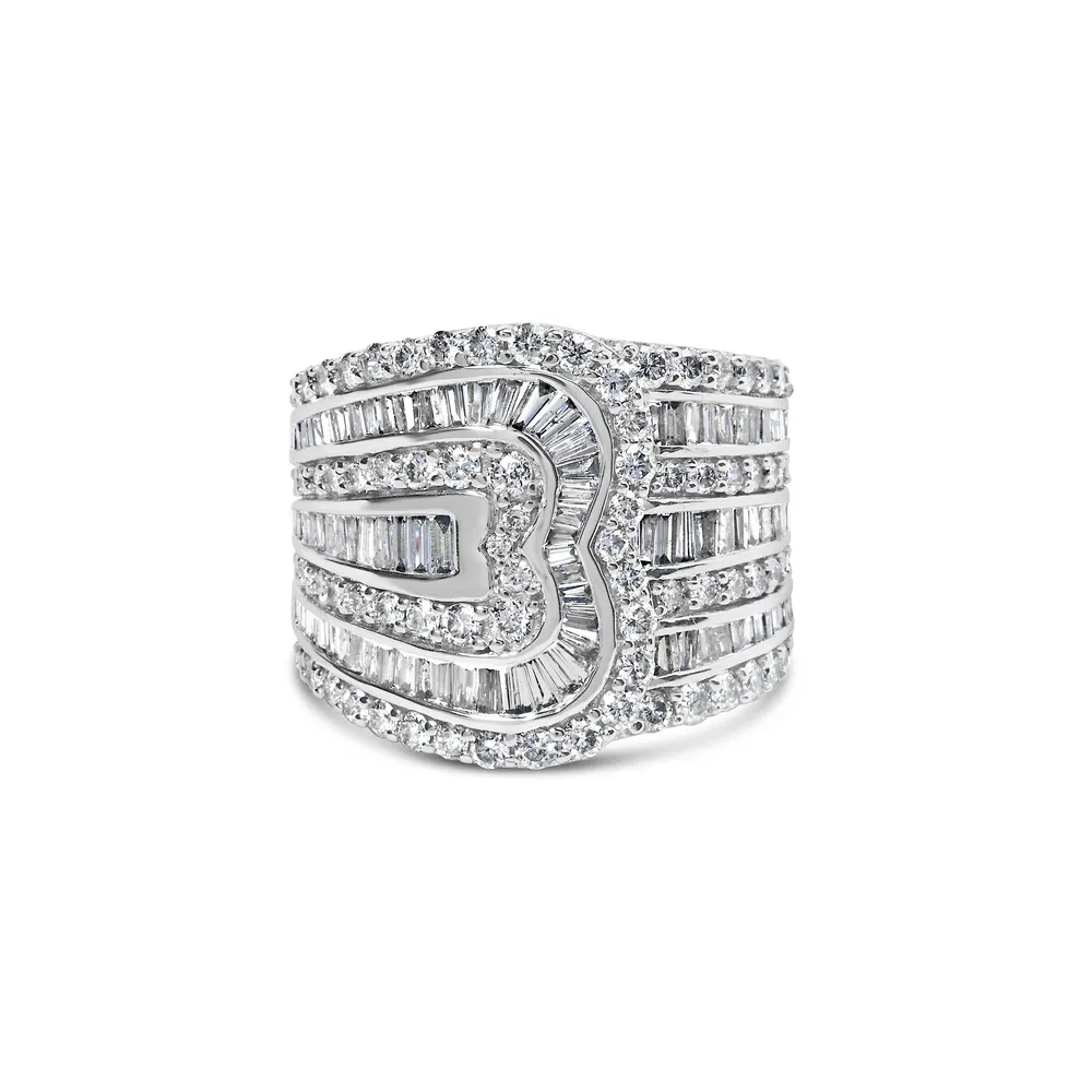 10K White Gold 2 1/2 Cttw Round and Baguette-Cut Diamond Multi-Row Bypass Ring (J-K Color, I2-I3 Clarity) - Grocery