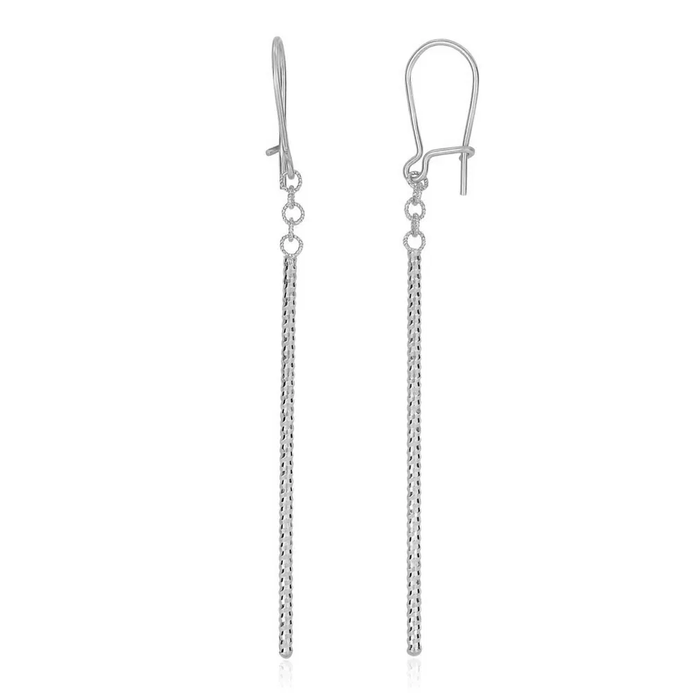 14k White Gold Long Bar Diamond Cut Drop Earrings - Grocery