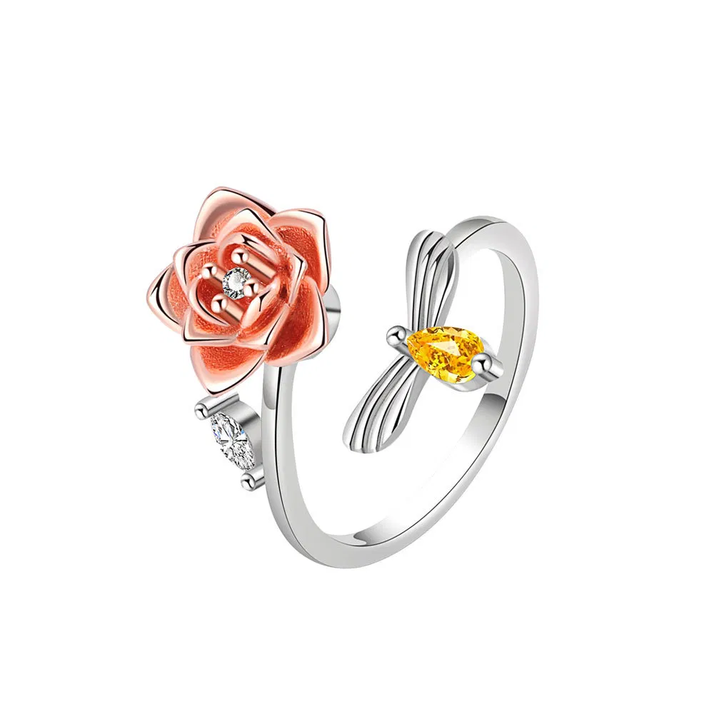 S925 Sterling Silver Adjustable Wrap Open Rings Rose Flower Bee Ring For Women Teen Women's Elegant Jewelry Women's Accessories - Grocery