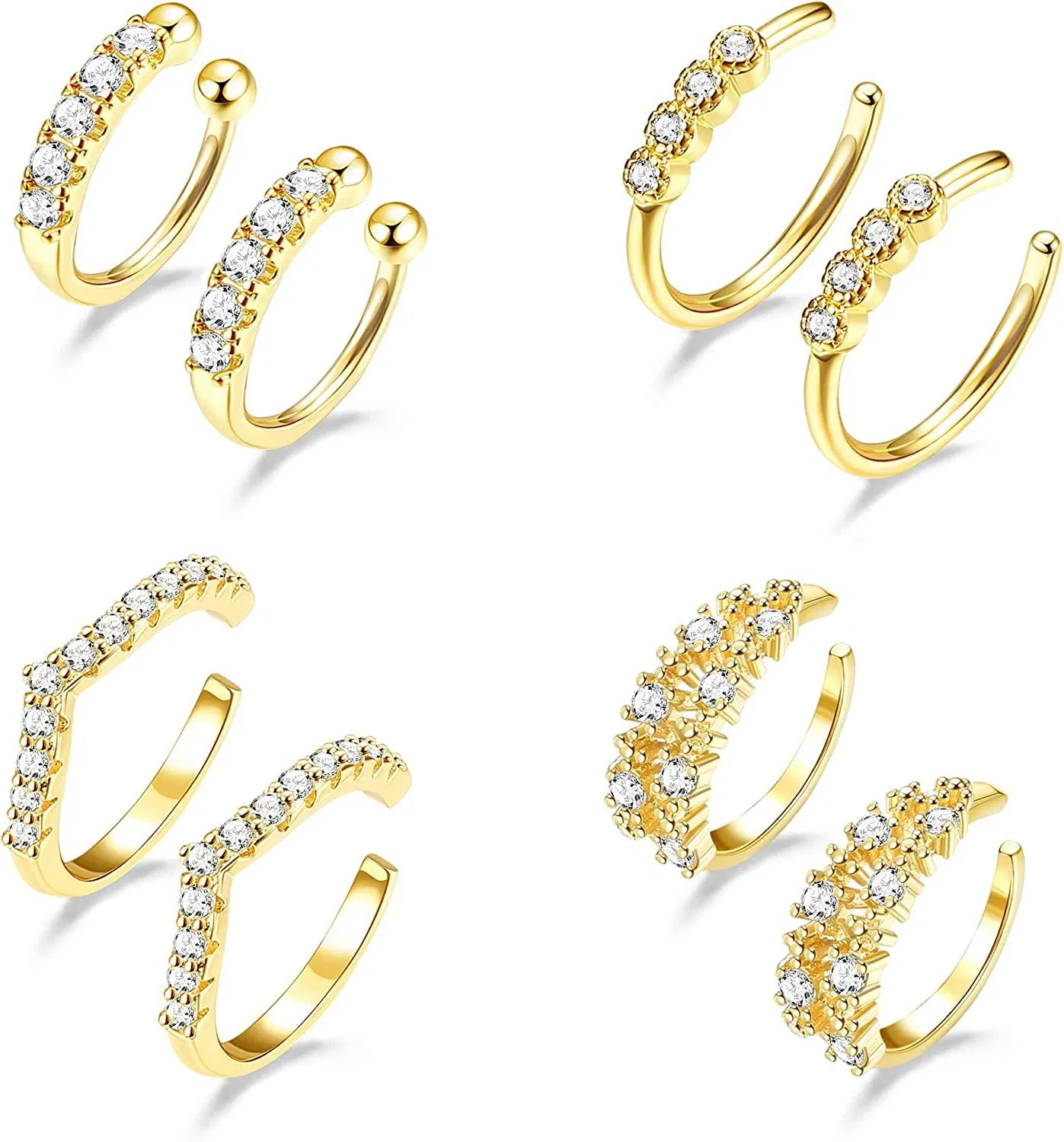 4 Pairs Ear Cuffs Clip On Earrings for Women CZ Non-Piercing Fake Cartilage Earrings Small Hoop Huggie Earring Adjustable - Grocery