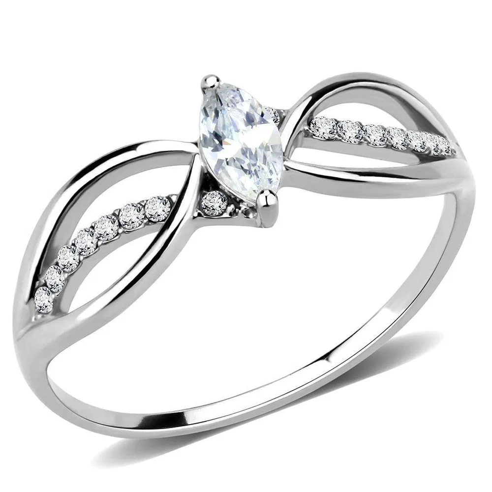 DA262 - High polished (no plating) Stainless Steel Ring with AAA Grade CZ in Clear - Grocery