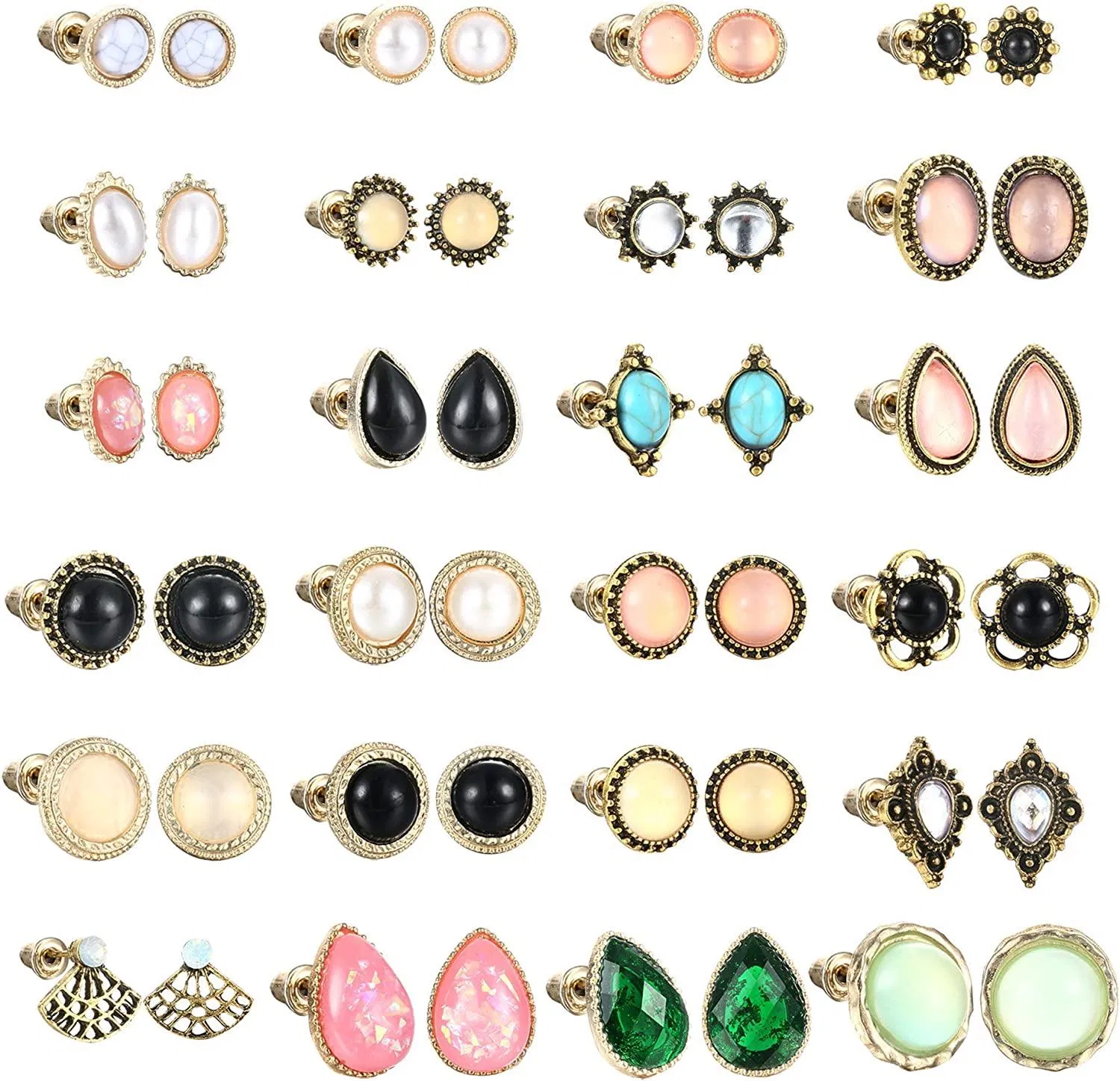 24Pairs Vintage Stud Earrings Set For Women Boho Stud Earrings Turquoise Moonstone Crystal Multiple Gem Stud Earrings - Grocery