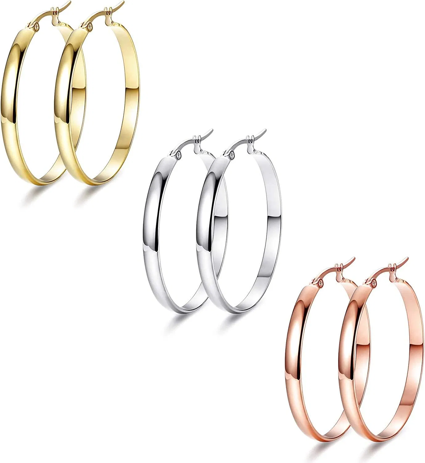 3 Pairs Clip On Hoop Earrings for Women Large Looped Earings Set 3 Colors in /Ear Rings Elegant Personalized Gift 40mm Ear Hoops - Grocery