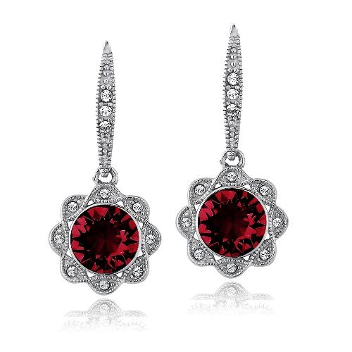 Silver Tone Red & Clear Swarovski Elements Halo Dangle Flower Leverback Earrings - Grocery