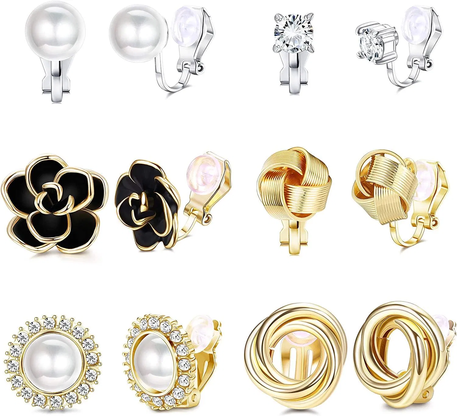6 Pairs Clip Earrings for Women Flower CZ Simulated Freshwater Pearl Twist Knot Non Pierced Clip On No Pierced Ear Jewelry - Grocery