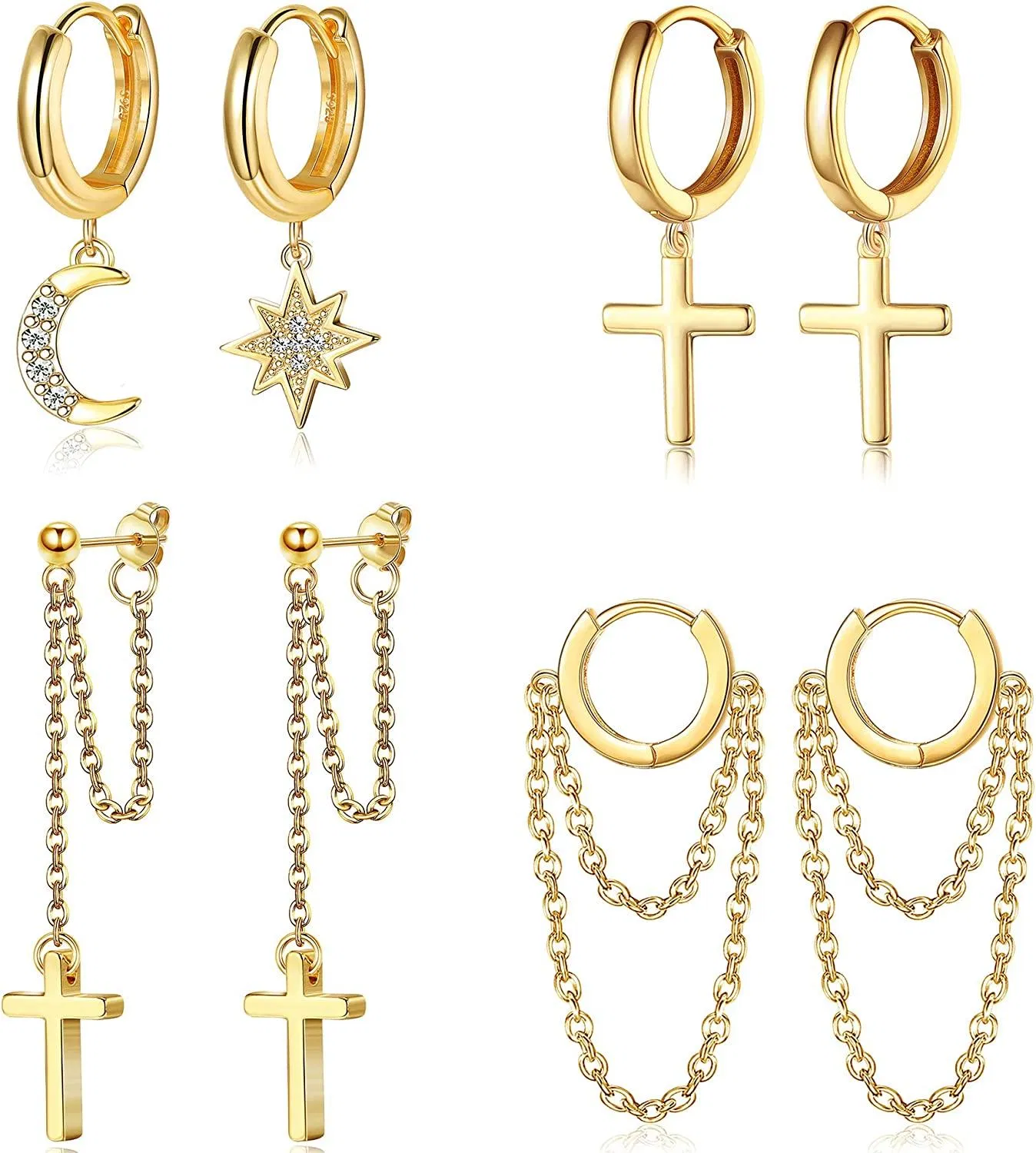 4 Pairs Chain Hoop Stud Earrings for Women Moon Star Dangle Earrings Huggie Hoop Cross Earrings Cuff Earrings Cute Simple Set - Grocery