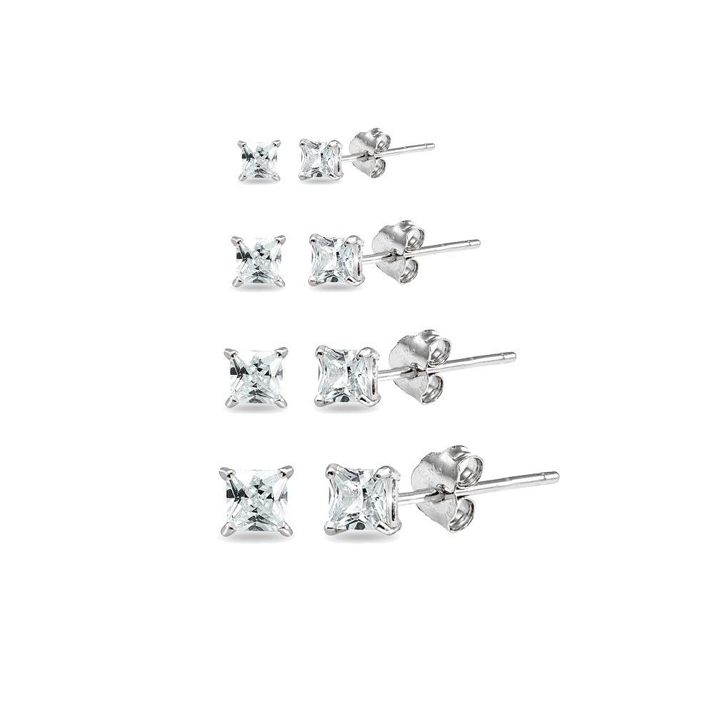 4 Pair Set CZ Princess Square Stud Earrings in 925 Silver, 2mm, 3mm, 4mm, 5mm - Grocery