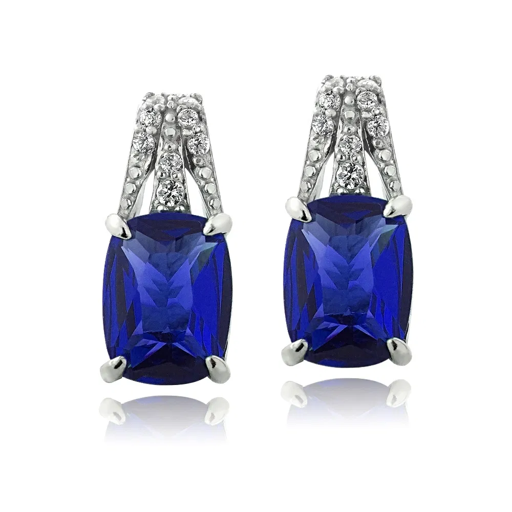 Sterling Silver Created Blue Sapphire & CZ Rectangle Drop Earrings - Grocery