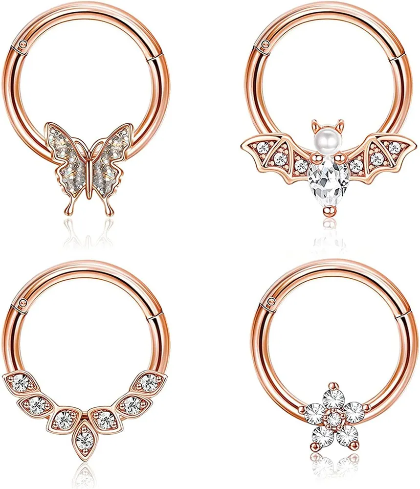 4Pcs 16G Septum Rings Stainless Hoop Nose Ring Cartilage Helix Piercing Tragus Hoop Daith Earrings CZ Butterfly Flower Bat Piercing Septum Jewerly 8mm - Grocery