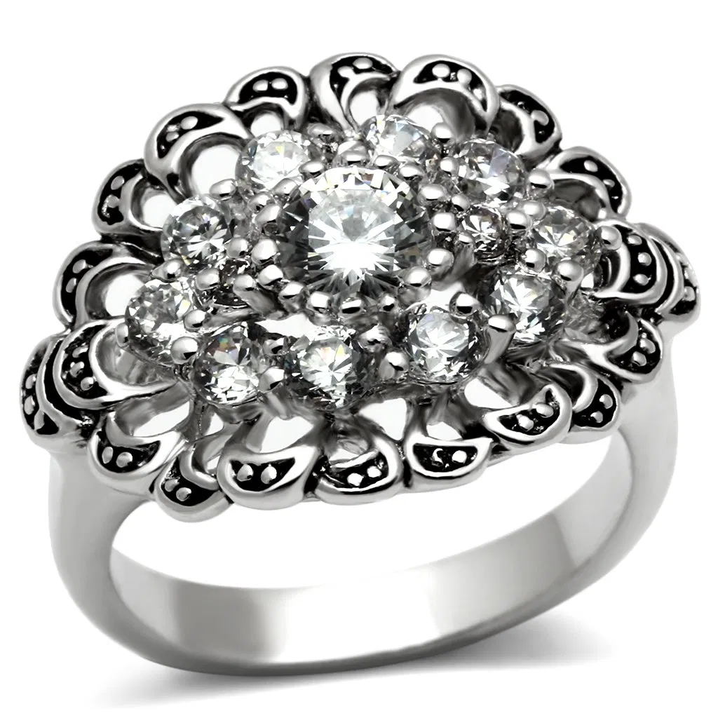 3W184 - Rhodium Brass Ring with AAA Grade CZ in Clear - Grocery