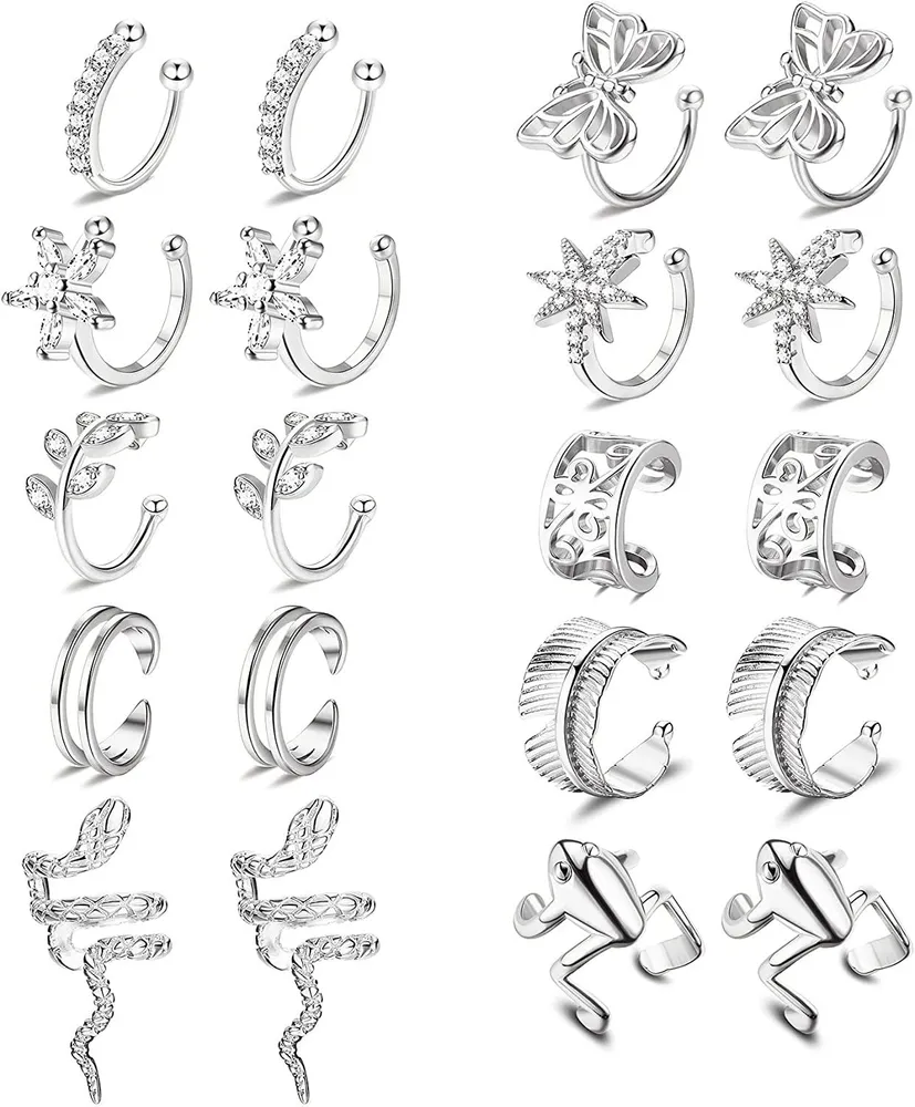 10 Pairs Cuff Earrings for Women Non Piercing Clip on Cartilage Earrings Gold Plated CZ Ear Cuff Earrings Snake Frog Butterfly Fake Earrings Set - Grocery