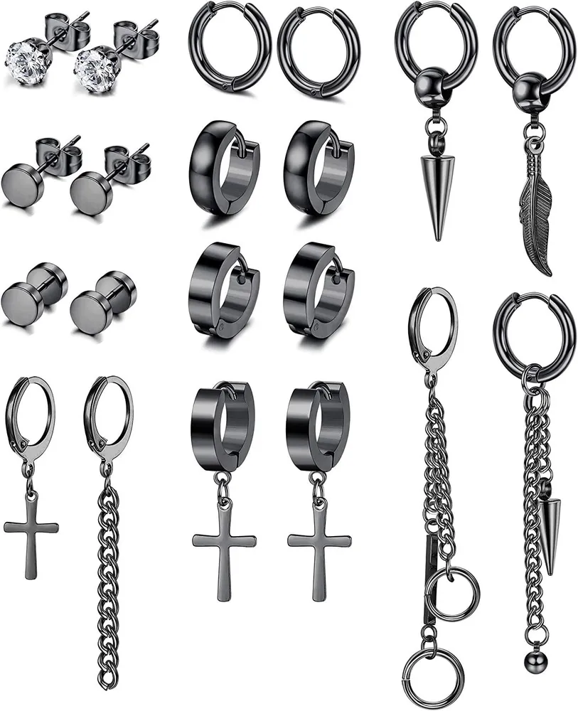 10 Pairs Stainless Dangle Earrings for Men Women Cool CZ Stud Hinged Hoop Cross Feather Chain Drop Earring Set - Grocery