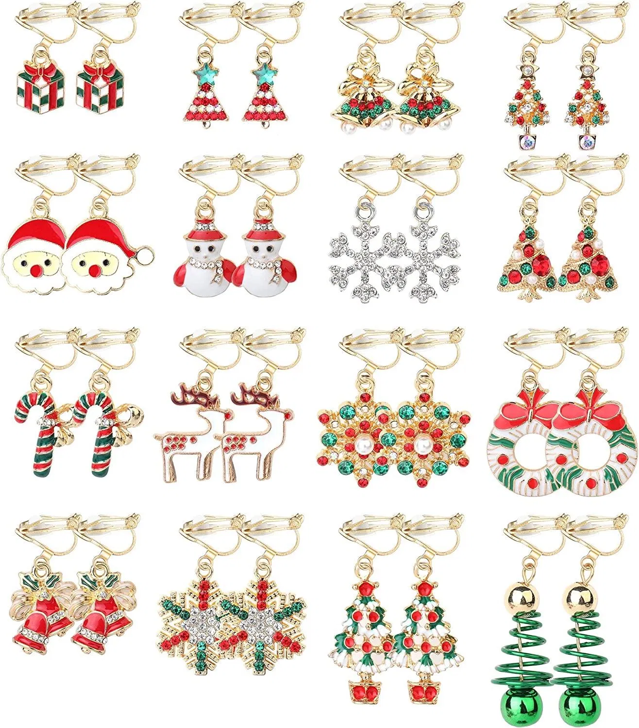 16 Pairs Christmas Assorted Clip on Earrings for Women Xmas Tree Bell Santa Elk Snowflake Drop Dangle Earrings Set - Grocery