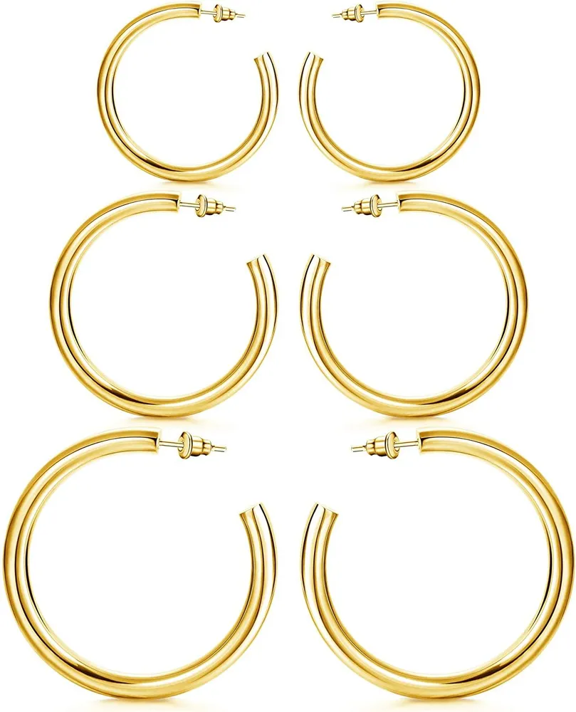 3Pairs Gold Hoop Earrings for Women; Chunky Open Hoop Earrings; Lightweight Thick Tube Hoop Earrings for Women 30MM; 40MM; 50MM - Grocery