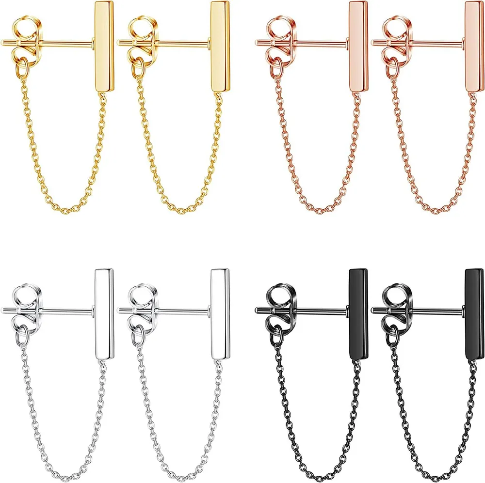 4 Pairs Minimalist Bar Earrings with Chain Dangle Earrings for Women Men Simple Tiny Line Chain Earrings Fashion Set - Grocery