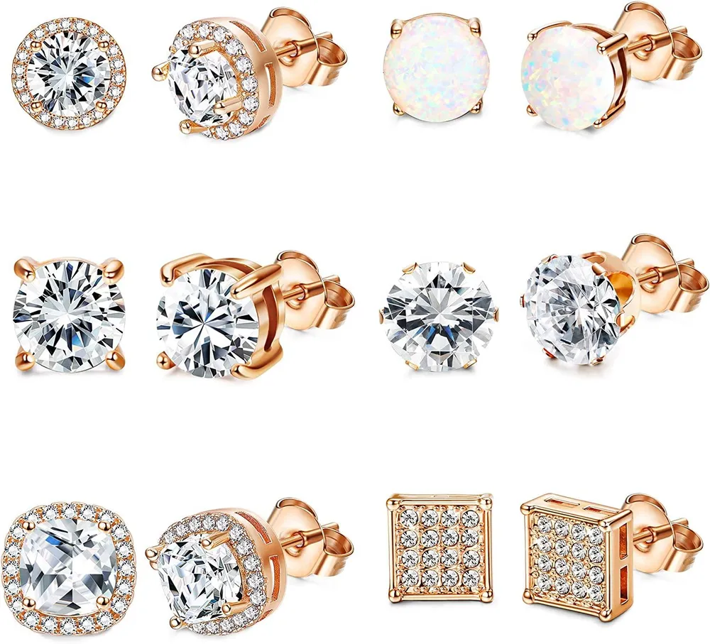 6 Pairs Stud Earrings for Women Clear Cubic Zirconia Opal R ound Square Earring Set Stainless Stud Tiny Earrings for Sensitive Ears - Grocery