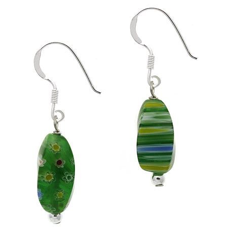 Sterling Silver .925 Murano Glass Green Bead Millefiori Dangle Earrings - Grocery