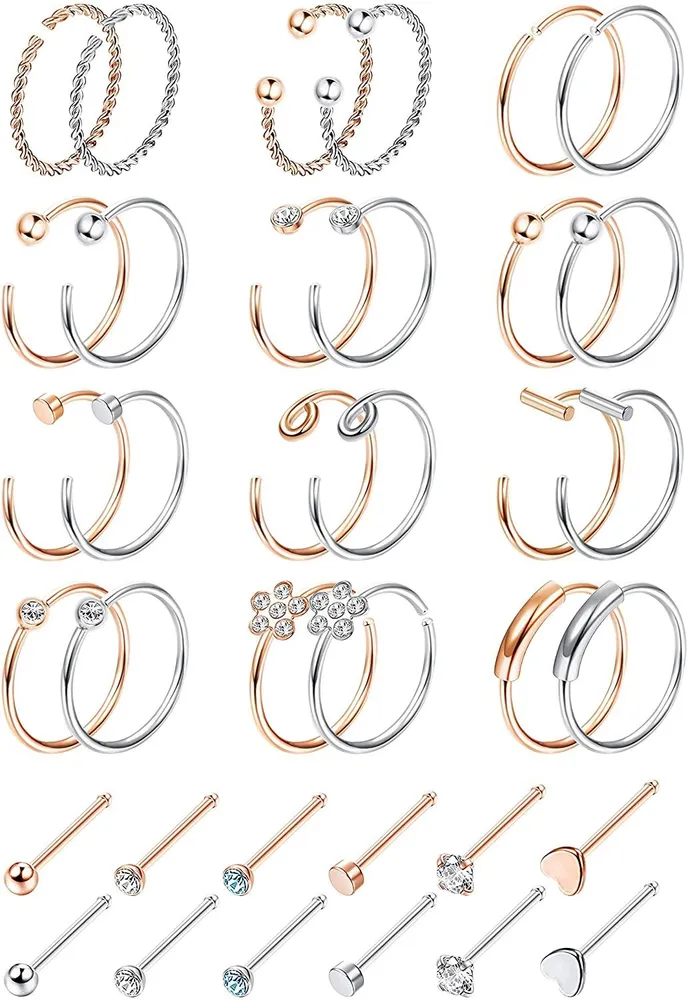 20G 36Pcs Nose Rings Hoop Stainless Steel L Bone Screw Shaped Nose Studs CZ Tragus Cartilage Nose Ring Labret Nose Piercing Jewelry for Men Women - Grocery