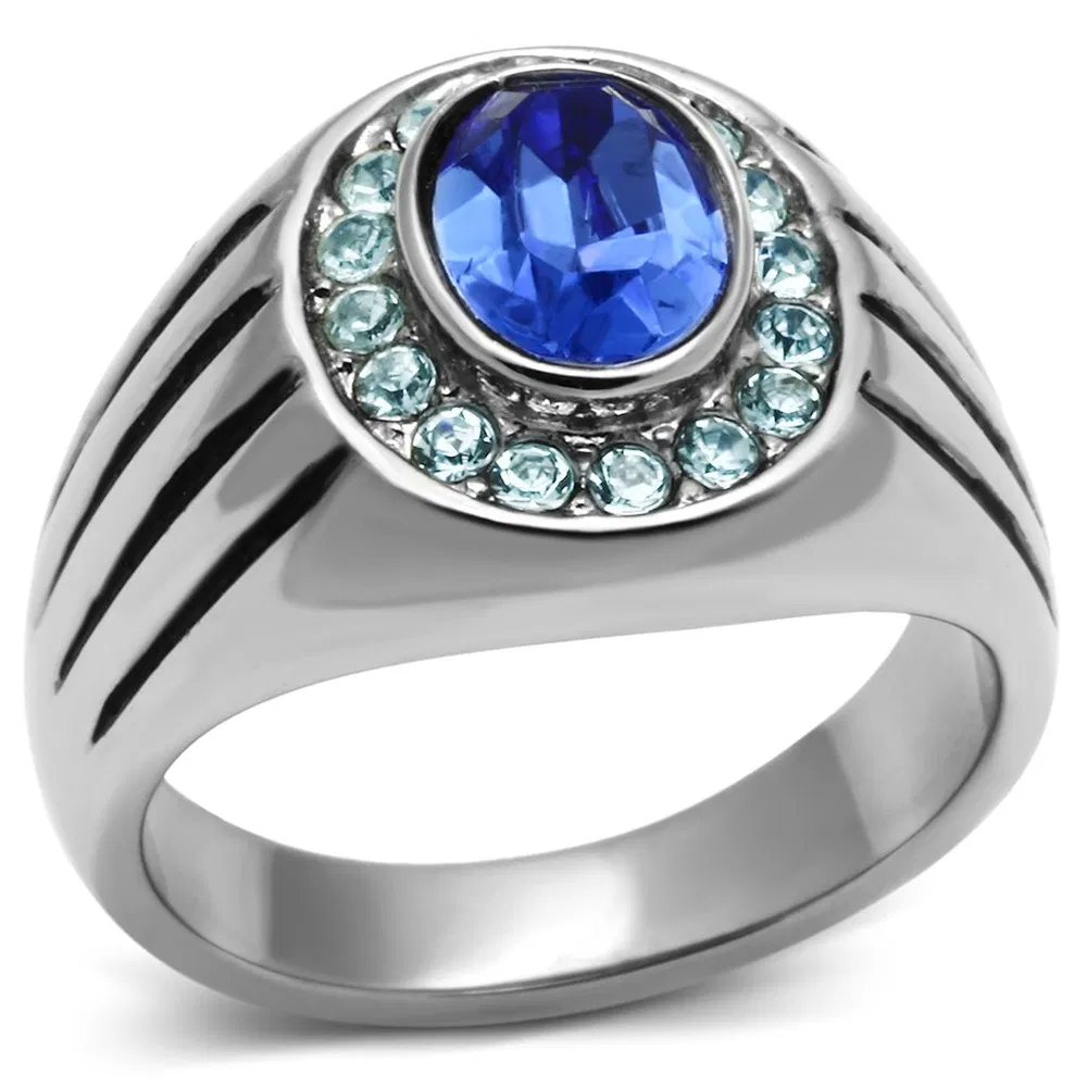 TK601 - High polished (no plating) Stainless Steel Ring with Top Grade Crystal in Sapphire - Grocery