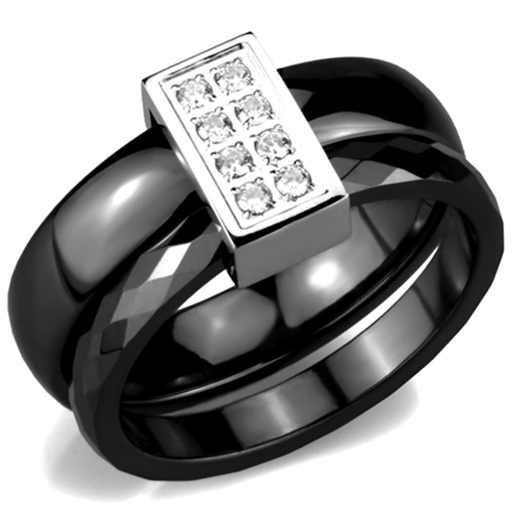 3W978 - High polished (no plating) Stainless Steel Ring with Ceramic in Jet - Grocery