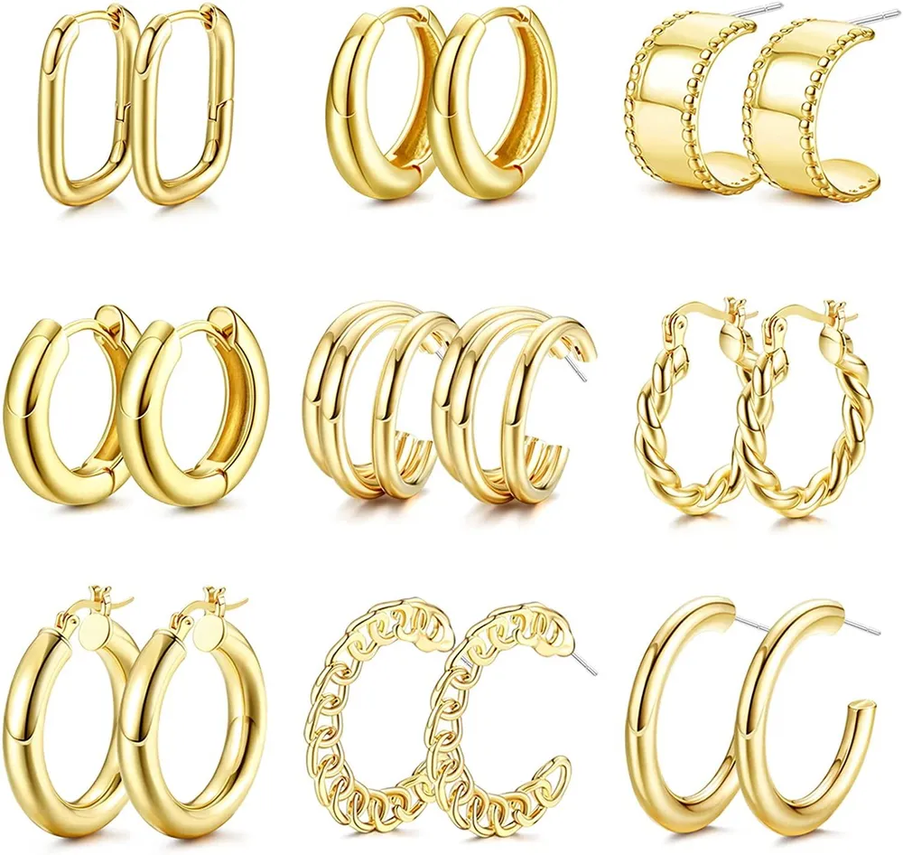 Gold Hoop Earrings For Women 9 Pairs 14K Gold Plated Chunky Hoops Small Huggie Earrings Open Half Twist Triple Hoop Earrings Earring Set - Grocery