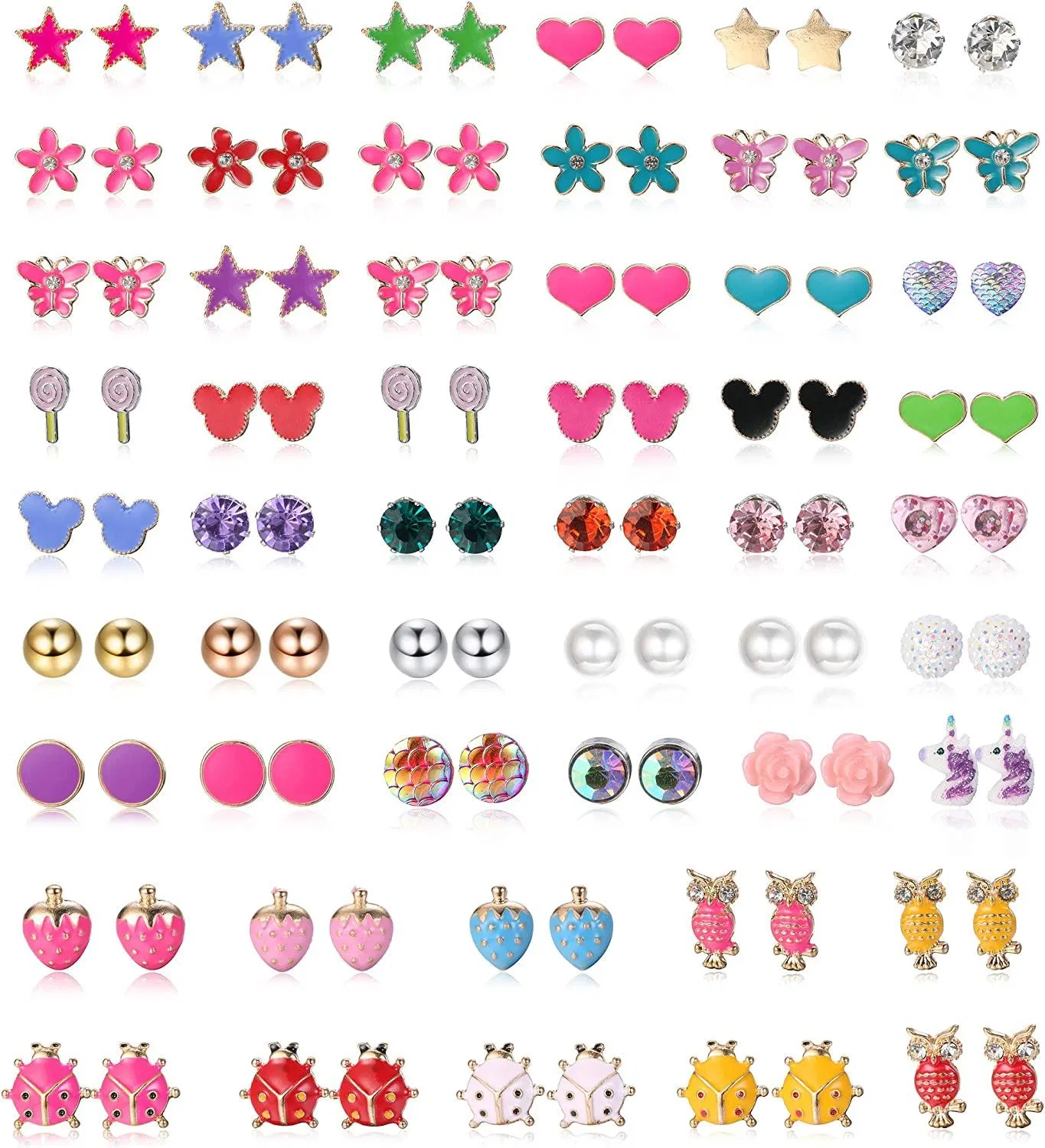 52 Pairs Cute Stud Earrings for Women Heart Star Flower Ladybug Bee CZ Stainless Earrings Set - Grocery