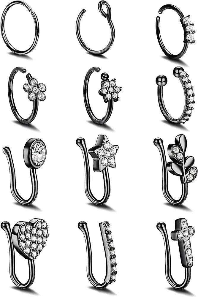 12Pcs Fake Nose Rings Non Piercing Clip On Nose Cuff Nostril for Women - Grocery