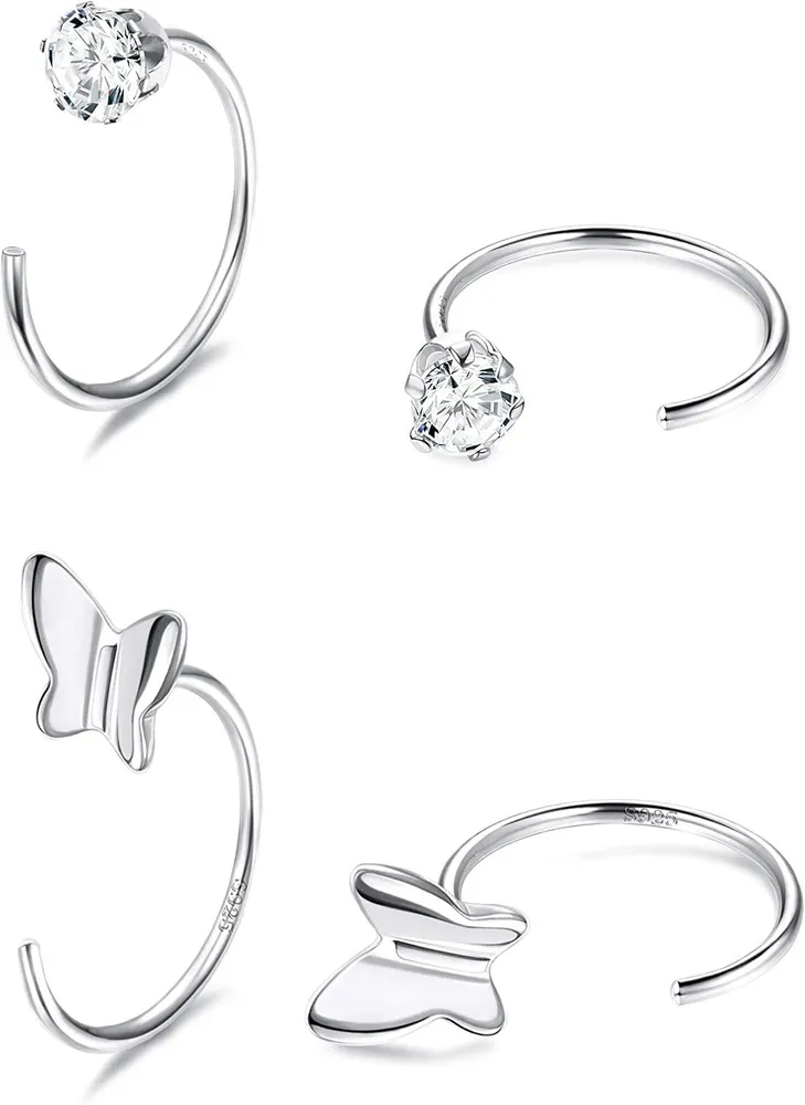 4Pcs Sterling Silver Cuff Stud Earrings Mini Stick T Bar Half Huggie Hoop Earrings Ball Nose Rings Star Moon Half Studs Cartilage Earrings for Women Men - Grocery