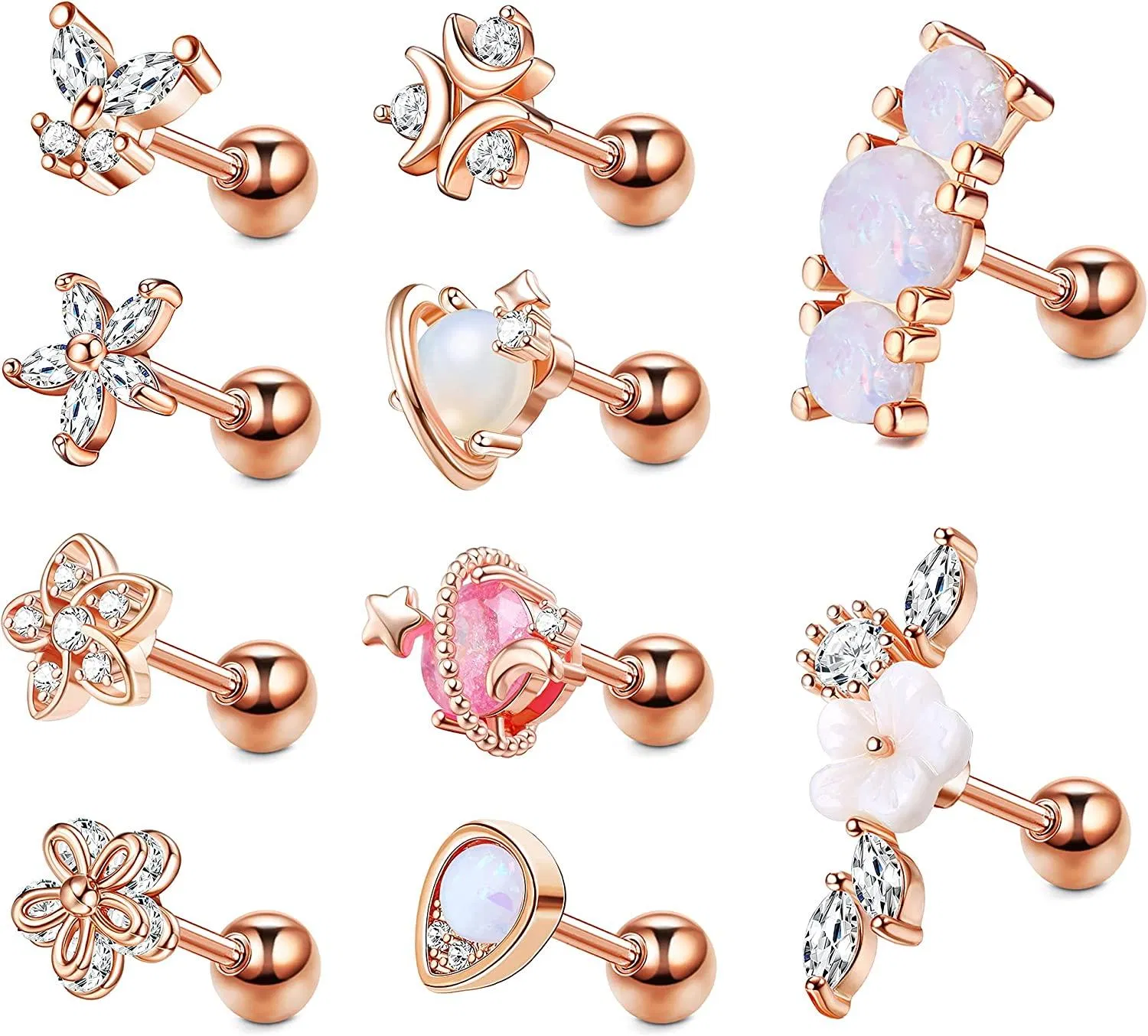 10PCS Cartilage Earrings Studs for Women 316L Stainless Opal CZ Barbell Helix Tragus Cartilage Stud Earring Ear Daith Conch Piercing Jewelry 16G - Grocery