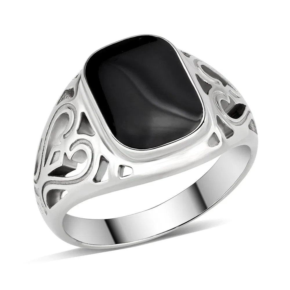 TK3753 High polished Stainless Steel Ring with Epoxy in Jet - Grocery