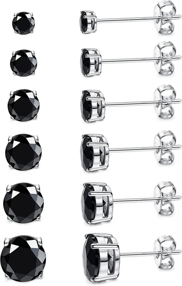 6 Pairs 925 Sterling Round Stud Earring Set for Women Men 14K White Gold Plated Hypoallergenic Round Cut Cubic Zirconia Stud Earrings Pack - Grocery