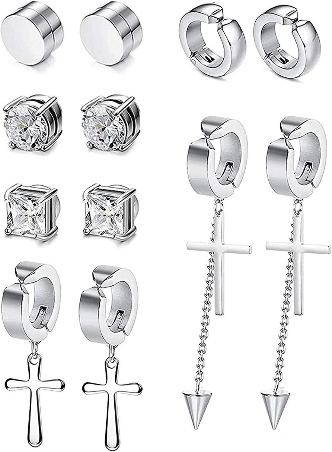 18Pairs Stainless Magnetic Stud Ear Cuffs Earrings For Men Women Non Pierced Cross Dangle Hoop Earrings Unisex CZ Clip On Earrings - Grocery