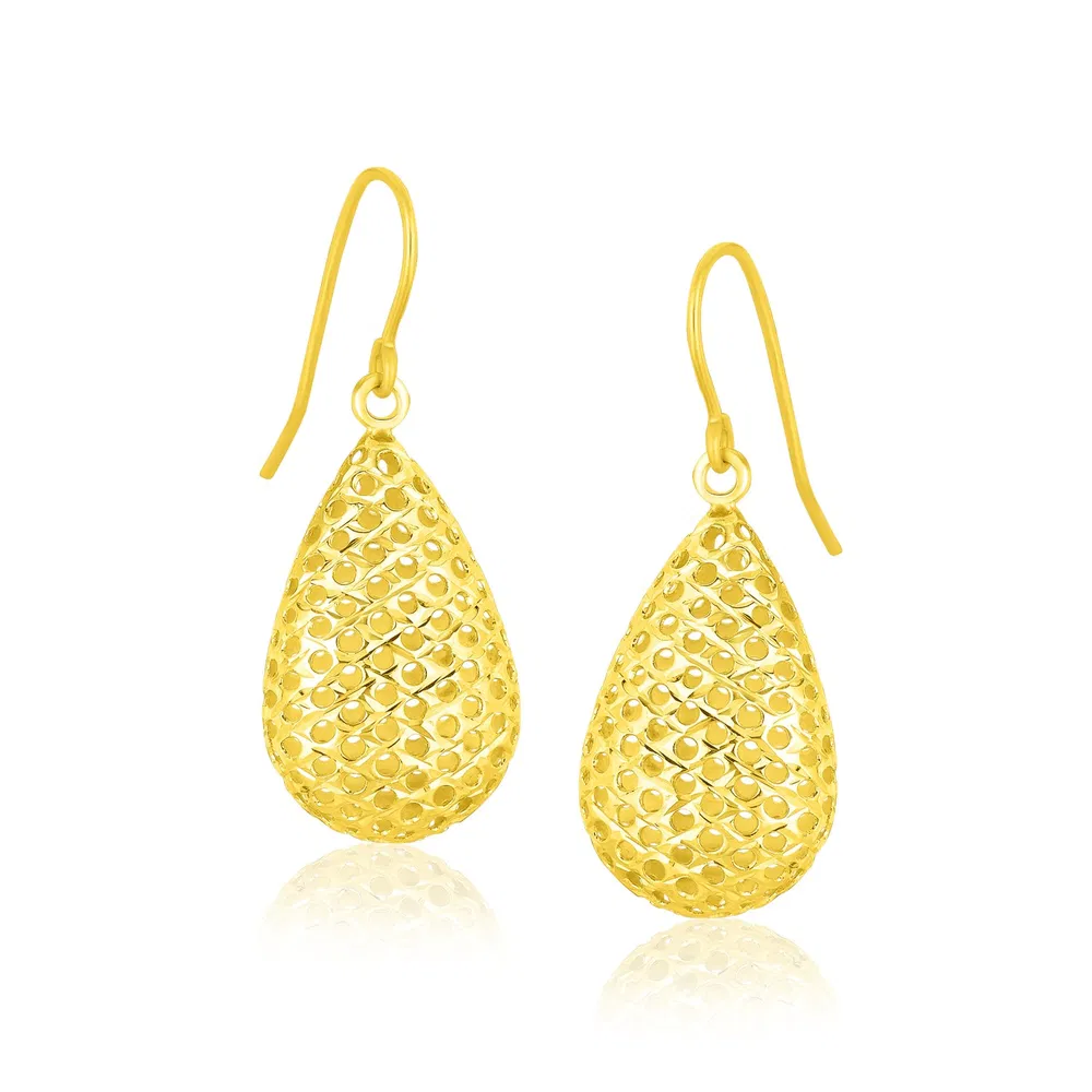 14k Yellow Gold Honeycomb Texture Large Teardrop Drop Earrings - Grocery