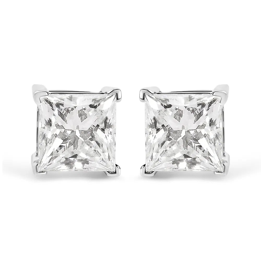 14K White Gold 1 1/2 Cttw Clarity Enhanced Princess Cut Diamond Solitaire Stud Earrings (I-J Color, I1-I2 Clarity) - Grocery