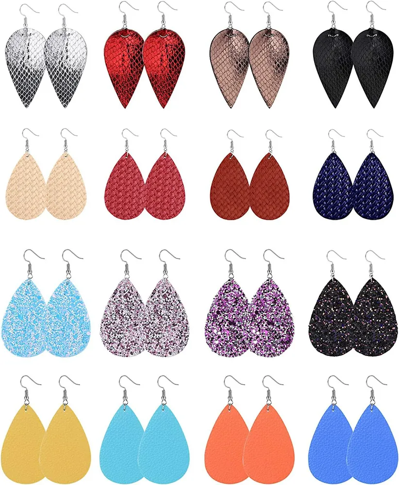 16Pairs Teardrop Leather Earrings for Women Lightweight Glitter Leaf Bar Leopard Dangle Drop Earrings Faux Leather Earring Set - Grocery