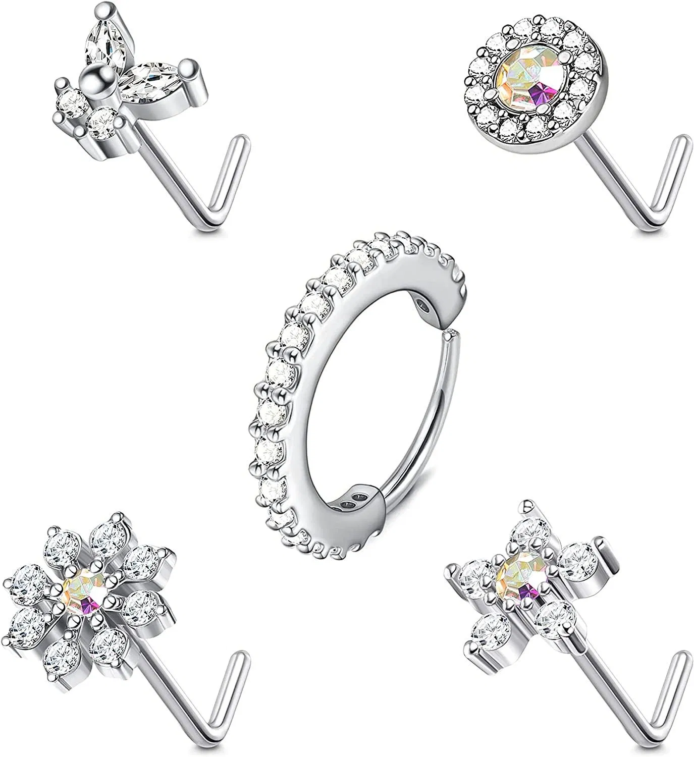 20G Nose Rings Butterfly Flower Tiny CZ Nose Rings Stud Stainless Nose Piercing Jewelry for Women Men L Shaped Screw Retainer - Grocery