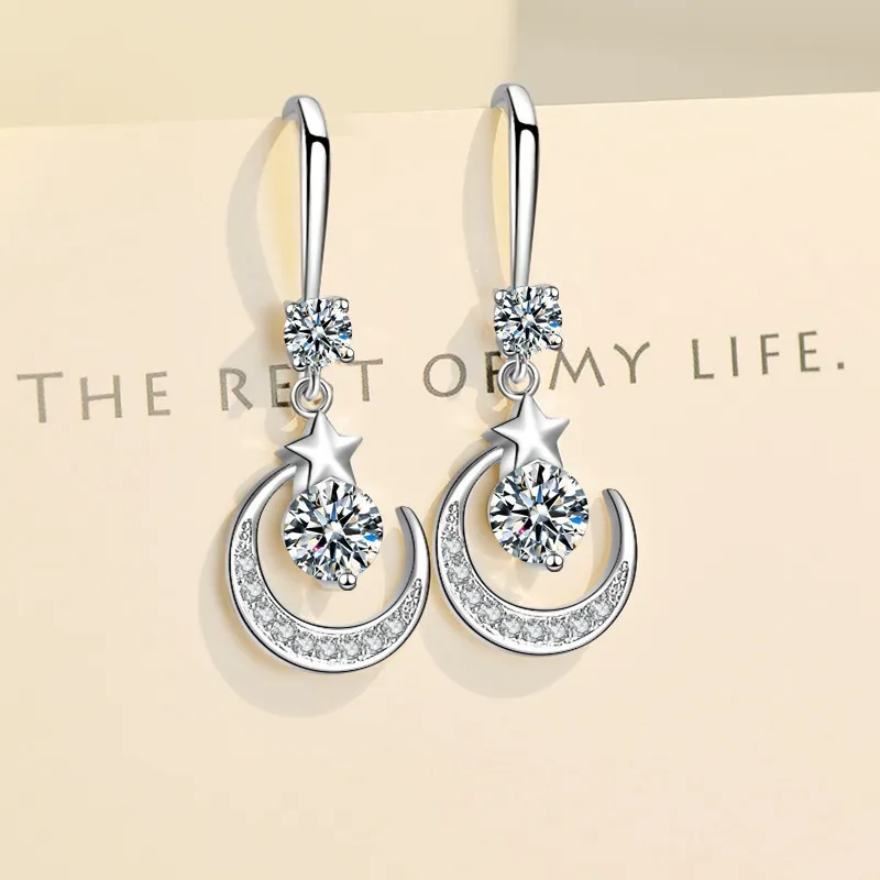 Female Fashion Star Moon Earrings 925 Sterling Silver White Sapphire Pink Blue White Artificial Dangle Earring - Grocery