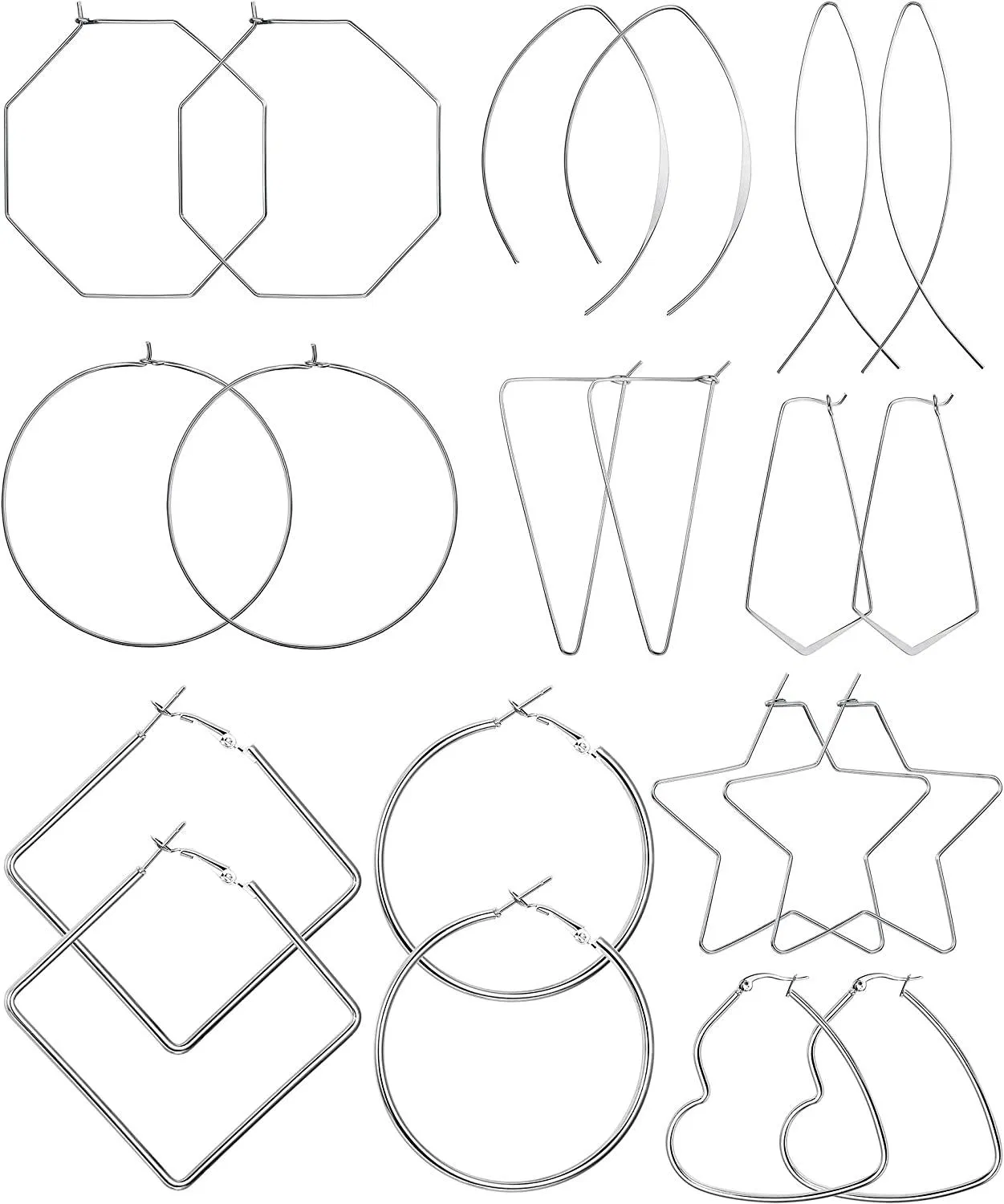 10Pairs Threader Large Hoop Earrings Set for Women Stainless Heart Star Square Threader Big Thin Wire Hoop Geometric Earrings Hoop Earrings - Grocery