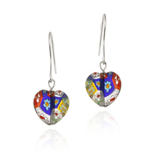 Sterling Silver Multi-Color Millefiori Murano Glass Heart Earrings - Grocery