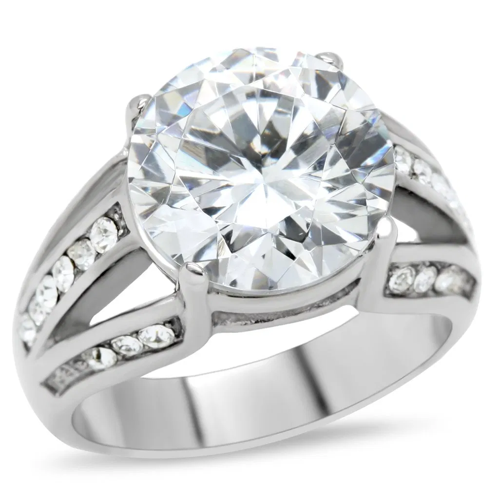 TK187 - High polished (no plating) Stainless Steel Ring with AAA Grade CZ in Clear - Grocery