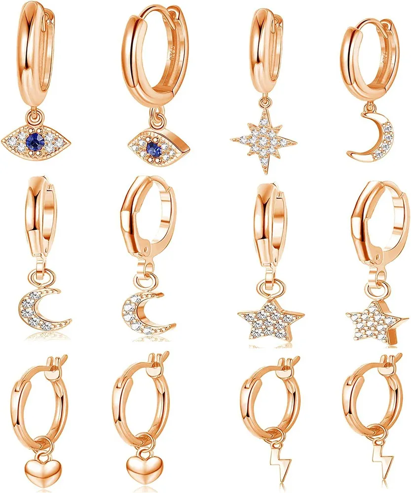 6 Pairs Huggie Hoop Earrings for Women Heart CZ Star Moon Evil Eye Dangle Hoop Cute Drop Earrings Set - Grocery