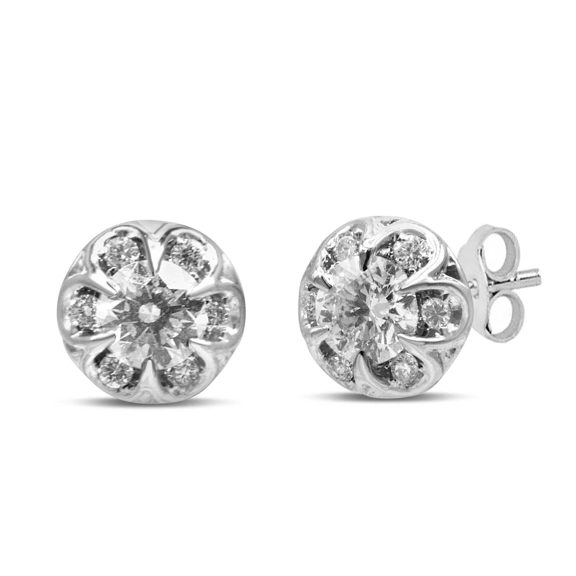 14K White Gold 3/4 Cttw Round Cut Diamond Halo Cluster Stud Earrings (I-J Color, I1-I2 Clarity) - Grocery