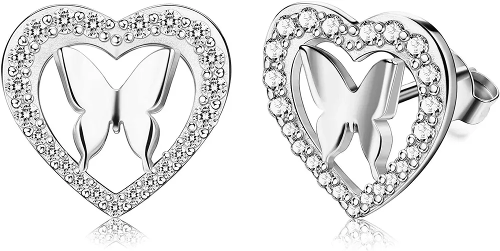 925 Sterling Heart Butterfly Stud Earrings AAA+ Sparking Cubic Zirconia Butterfly Jewellery for Women Kids with Gift Box - Grocery