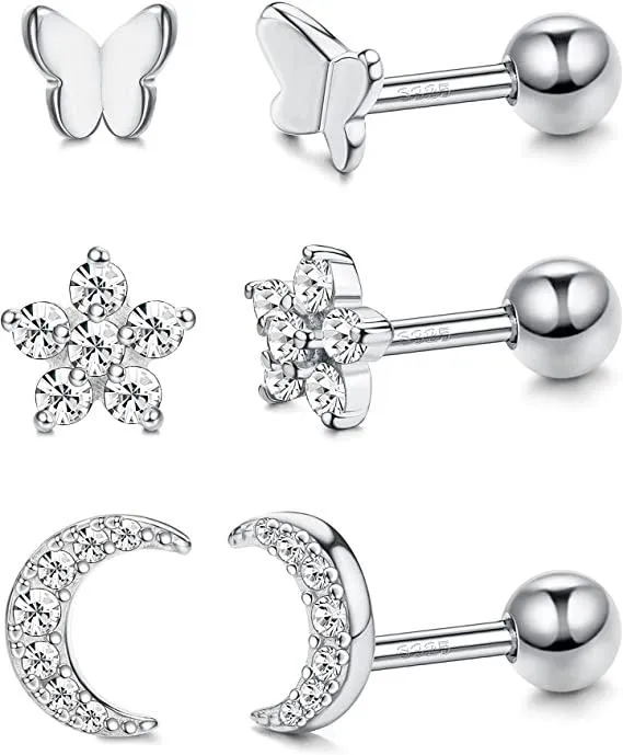 3 Pairs Sterling Silver Cartilage Earrings For Women Butterfly Moon CZ Barbell Stud Earrings Cartilage Helix Tragus Daith Piercing 18G - Grocery