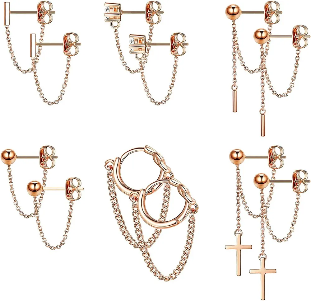 6Pairs Chain Stud Earrings for Women Stainless Post Hypoallergenic Dangle Earrings Ball Bar Cross CZ Stud Earrings Set Huggie Hoop Piercing Earrings - Grocery