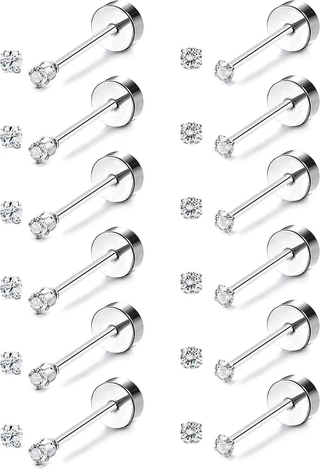 12 Pairs Stainless Tiny Stud Earrings 2MM Cubic Zirconia Stud Earring Clear CZ Earrings Set for Women Men - Grocery