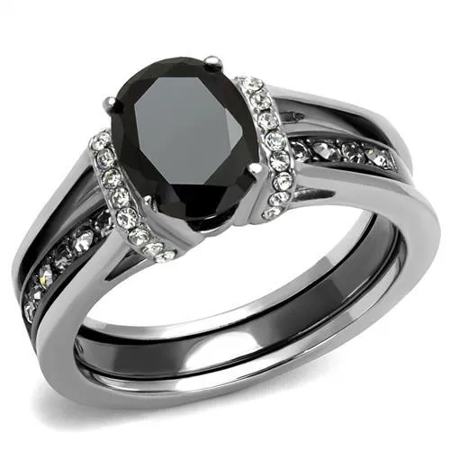 TK2971 - Two-Tone IP Black Stainless Steel Ring with Synthetic Synthetic Glass in Jet - Grocery