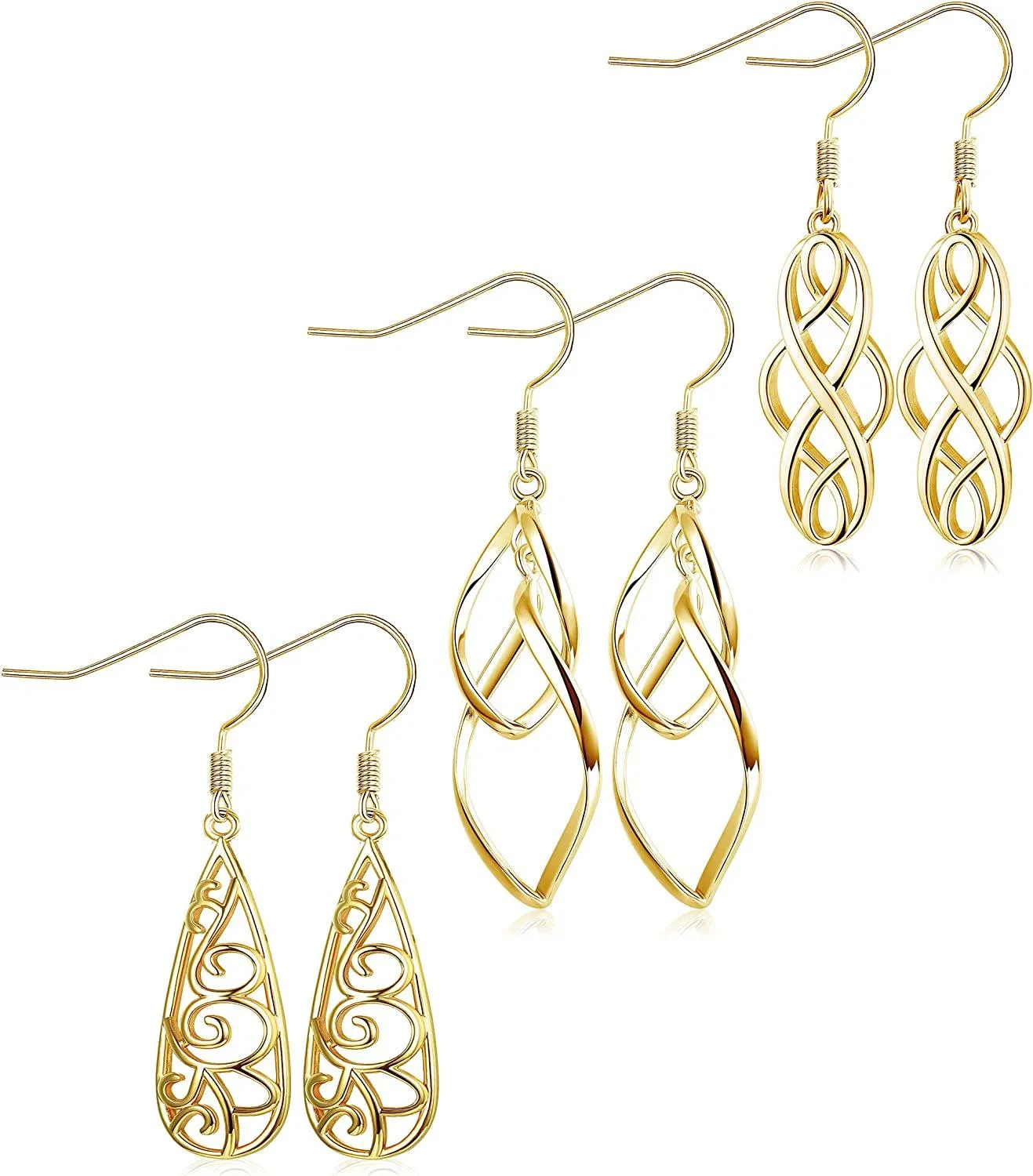 3 Pairs Celtic Knot Dangle Earrings for Women Silver Twist Wave Filigree Teardrop Fashion Earring Jewelry - Grocery